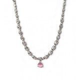 Pink brass silver plated necklace set for women, elegant jewelry accessory on display stand