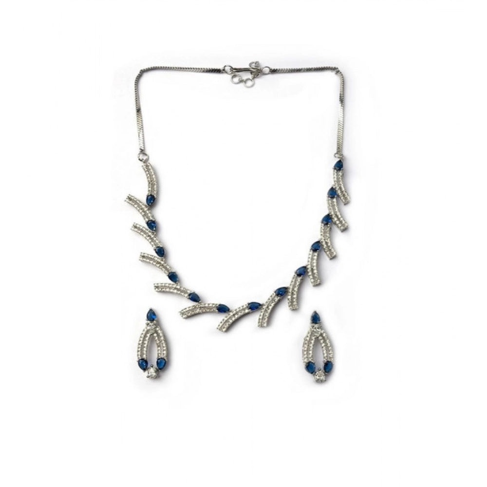 Blue brass silver-plated women's necklace set, sparkling jewelry pieces on display