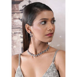 Blue brass silver plated necklace set for women, elegant jewelry on display stand