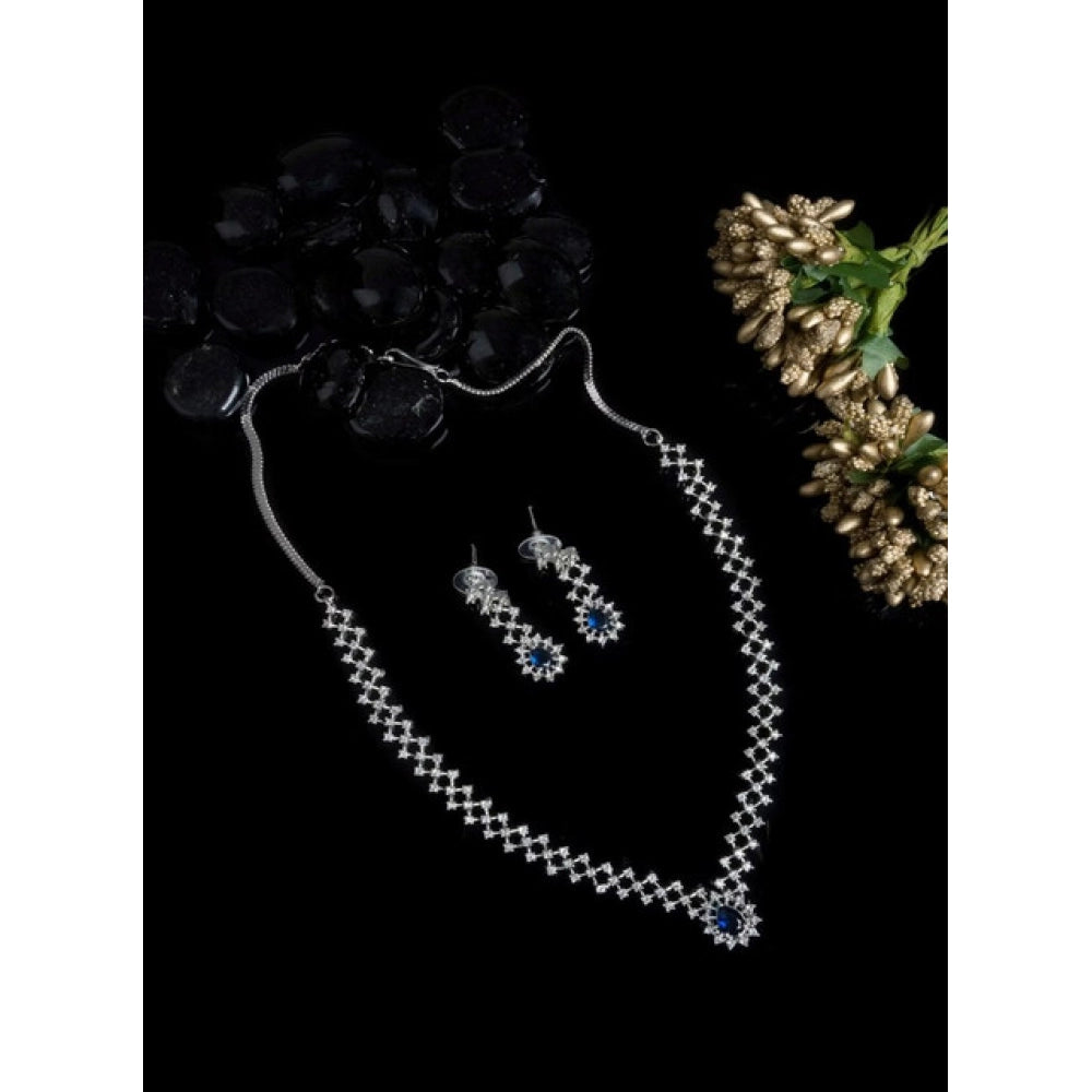 Blue brass silver plated necklace set for women, elegant jewelry accessory on display stand