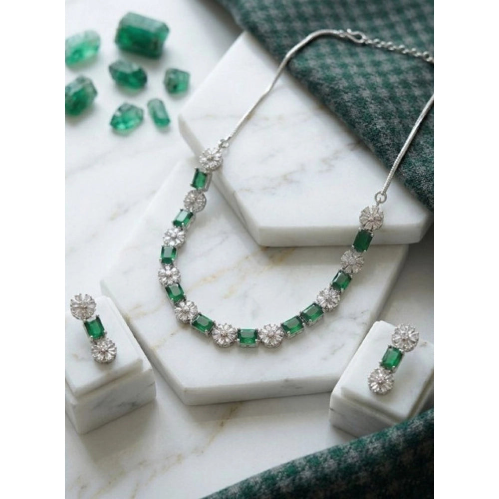 Green brass silver plated necklace set for women, elegant accessory for everyday wear
