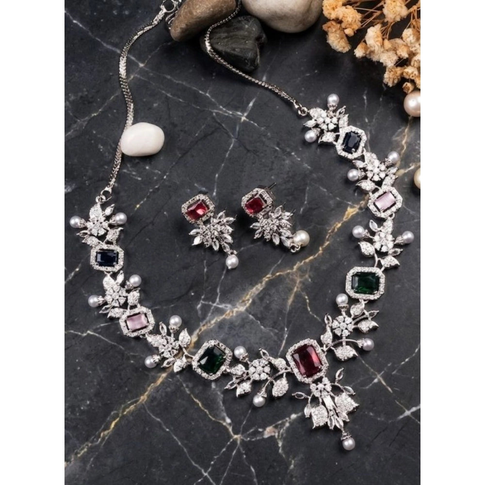 Multicolor brass silver plated women's necklace set, intricate design for fashion accessories care