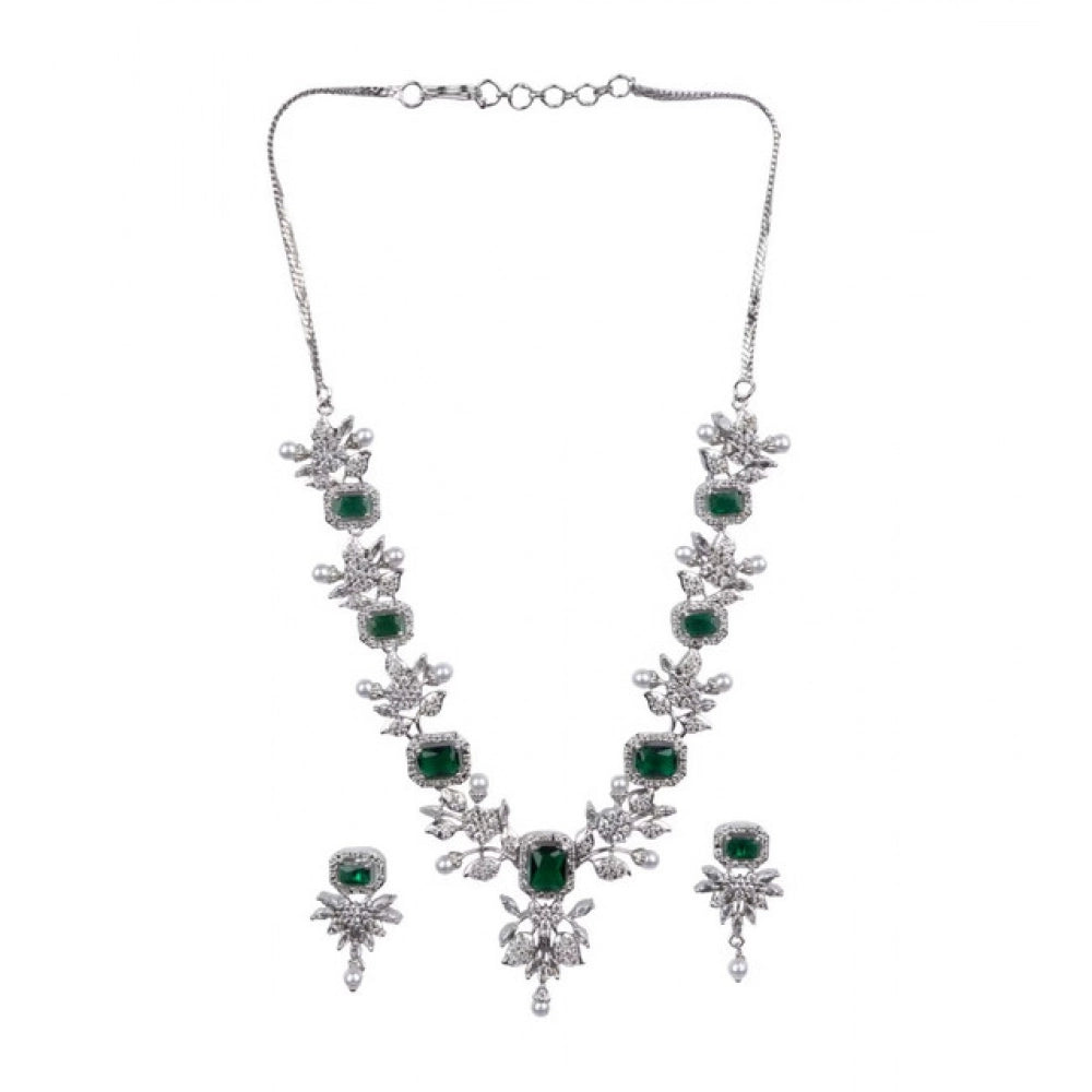 Green brass silver plated necklace set for women, delicate jewelry set on display