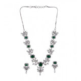 Green brass silver plated necklace set for women, delicate jewelry set on display