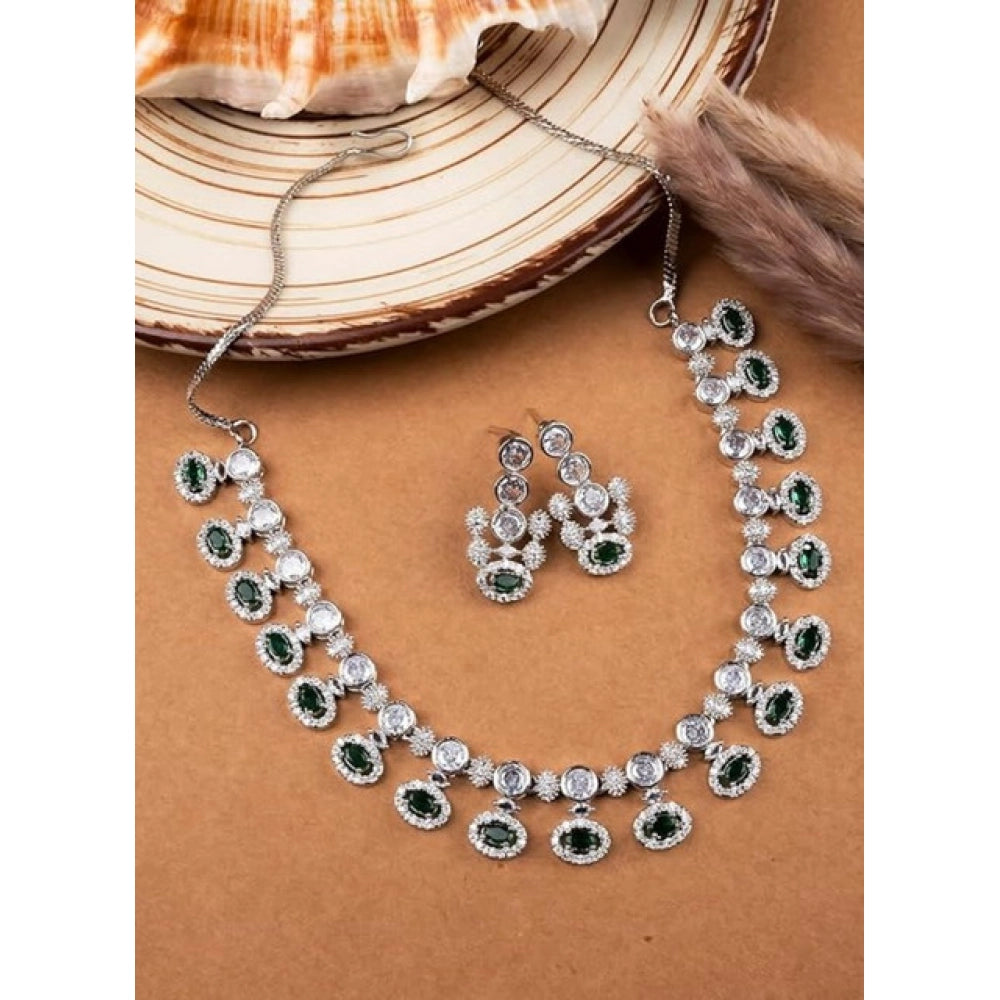 Green brass silver-plated women's necklace set, elegant jewelry on display for special occasions