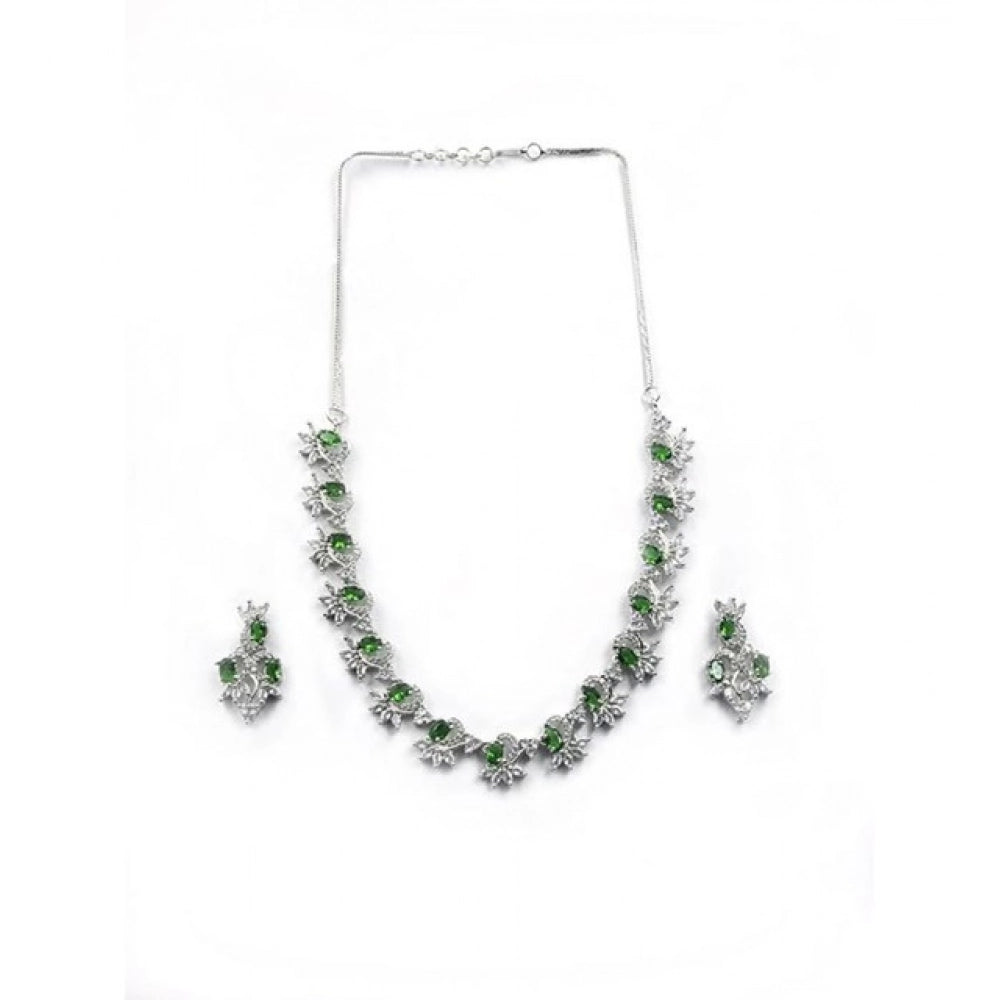 Green brass silver plated necklace set for women, elegant accessories for fashionable jewelry collection