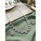 Women's Brass Silver Plated Necklace set (Pink)