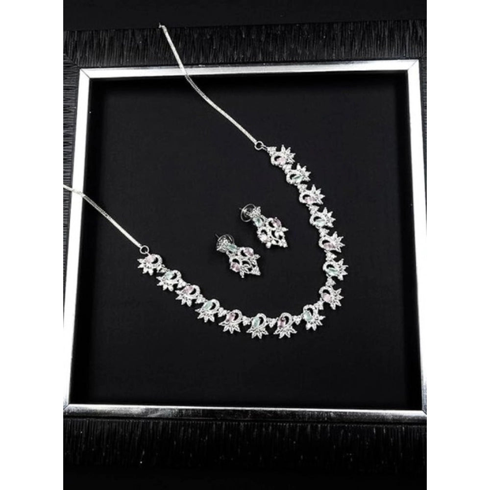 Multicolor brass silver-plated women's necklace set, jewelry on display stand