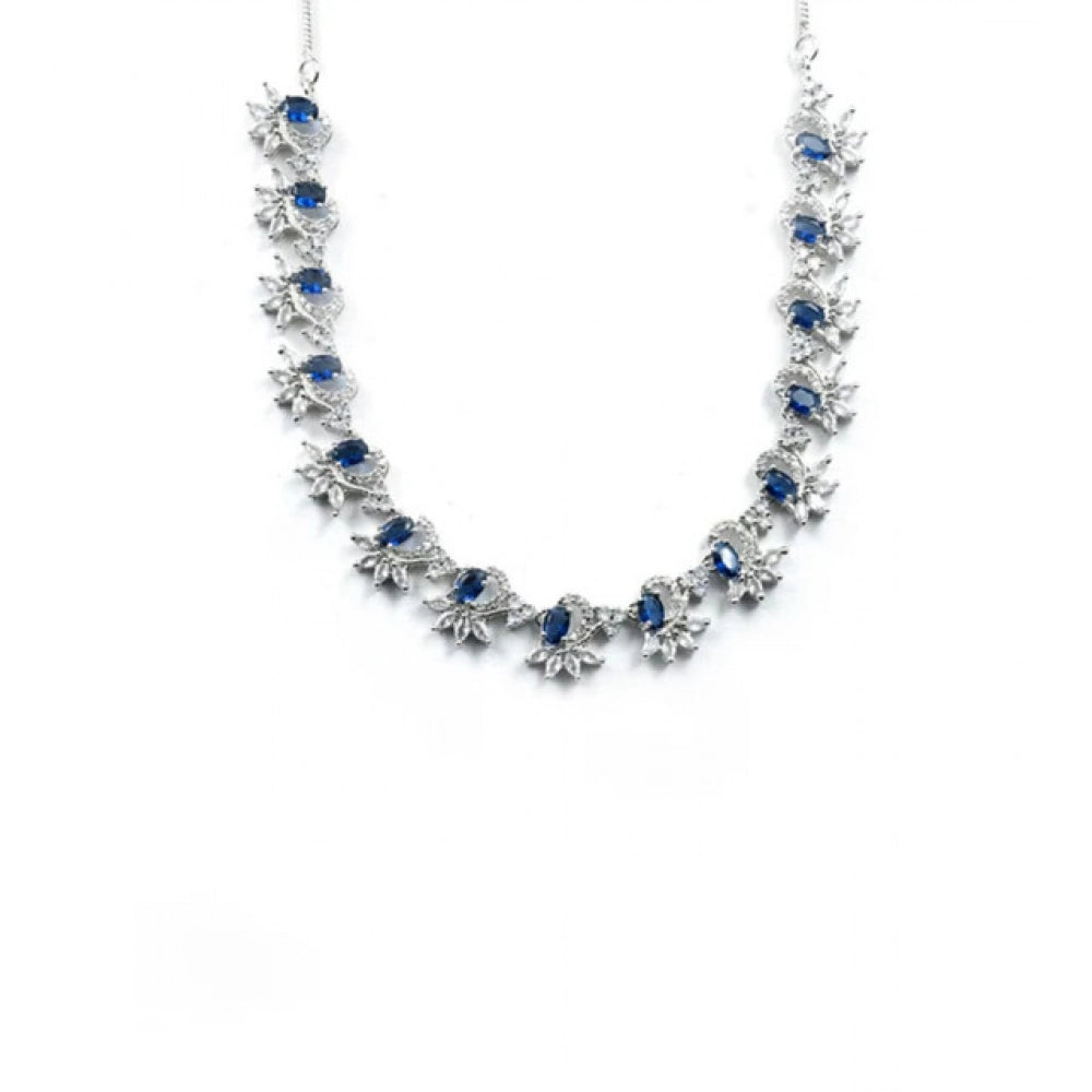 Blue brass silver plated necklace set for women, elegant accessories on display stand