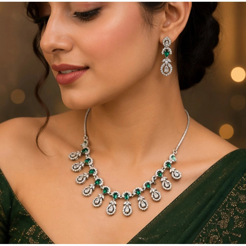 Green brass silver plated women's necklace set, elegant jewelry accessory on display