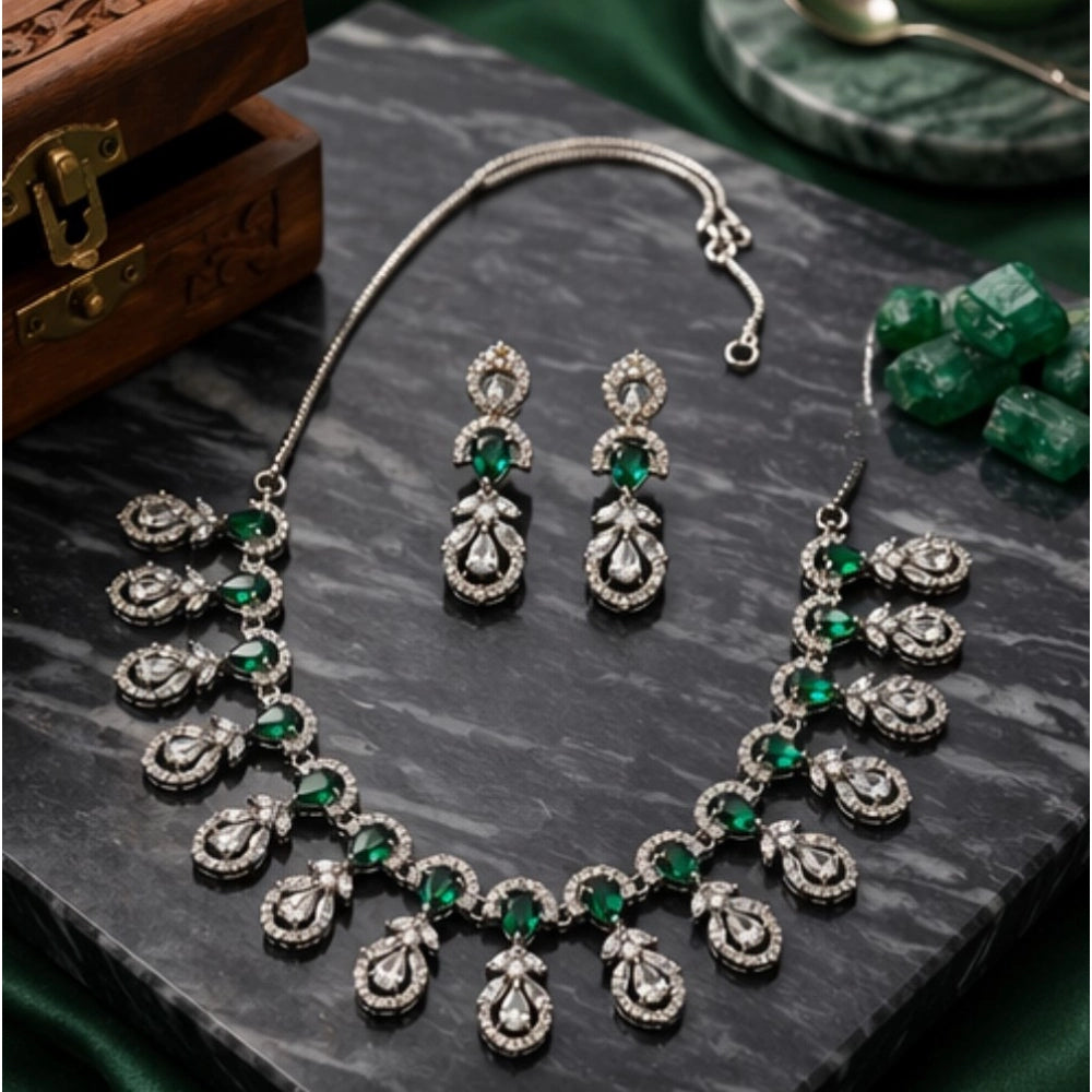 Green brass silver plated necklace set for women, elegant jewelry set on display