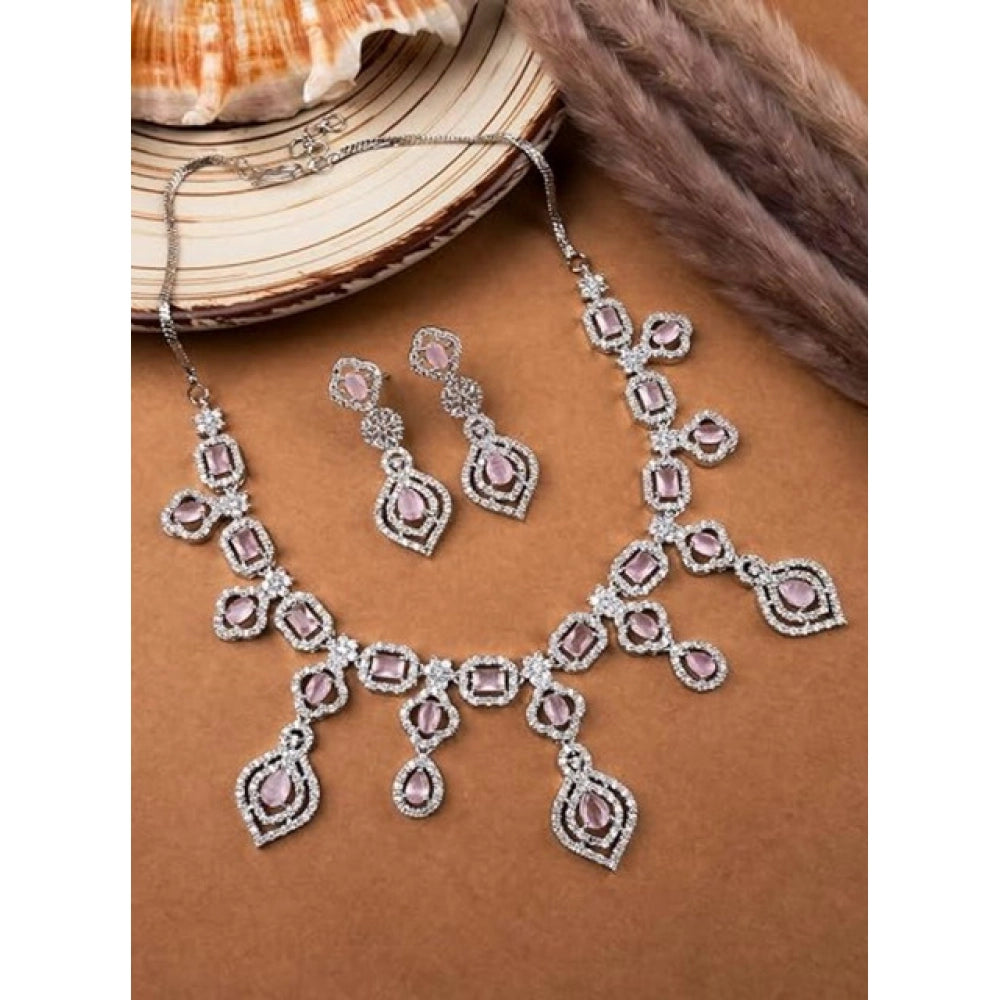 Pink brass silver plated necklace set for women, elegant jewelry accessory