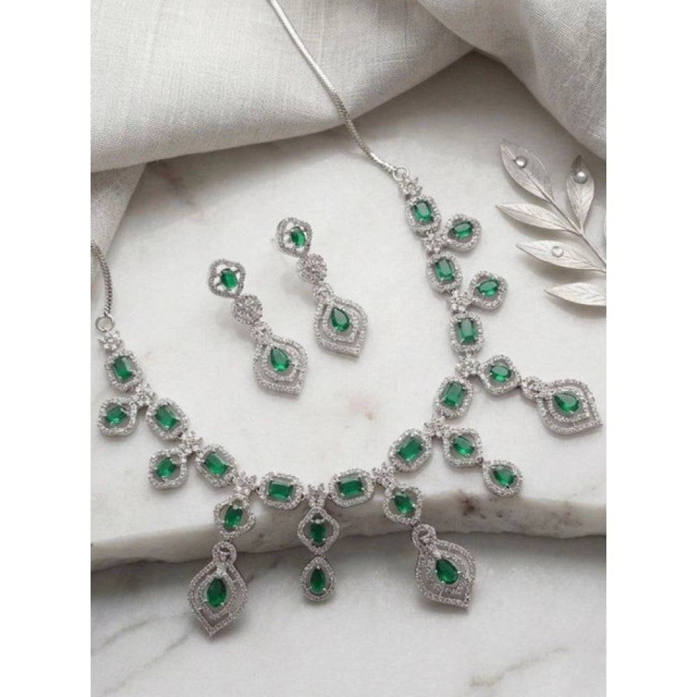 Green brass silver-plated necklace set for women, elegant jewelry accessory