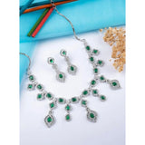 Green brass silver-plated women's necklace set, delicate and sparkling jewelry set on display stand