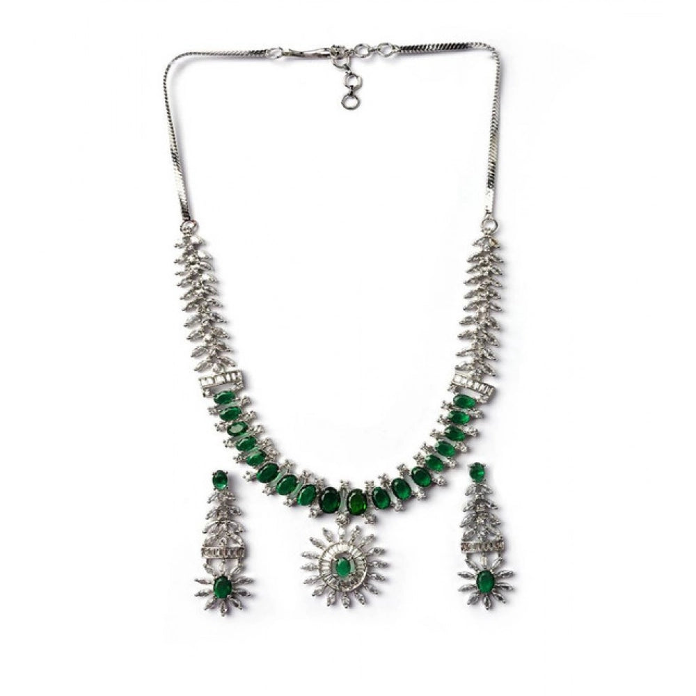 Green brass silver-plated necklace set for women, elegant jewelry accessories on display