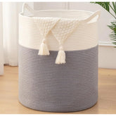 Gray-White cotton laundry basket (12x14 Inch), multi-purpose organizer without lid for living room, kitchen, bathroom, or kids' toys