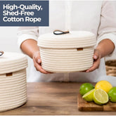 White cotton 2-piece roti box storage baskets with lids - perfect for bathroom, living room, or kitchen organization, also suitable as a kids toy basket or clothes organizer