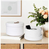 White cotton 3-piece roti box storage baskets with lids - multi-purpose organization for bathroom, living room, kitchen, kids toys, or clothing storage