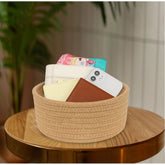 Beige cotton bedside organizer (8x3 inch round), multi-purpose storage solution without lid for bathroom, living room, kitchen, kids toys, or clothes