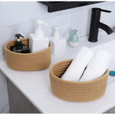 Beige cotton 8x3 inch round 2-set bedside organizer (no lid), multi-purpose organizing solution for bathroom, living room & kitchen