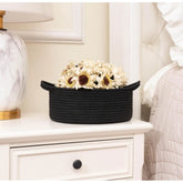 Black cotton round bedside organizer (8x3 inches), multi-purpose storage solution for bathroom, living room & kitchen, no lid