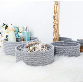 Gray cotton 8x3 inch Kidi round 3-piece bedside organizer without lid - Multipurpose home storage solution for bathroom, living room & kitchen
