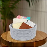 Gray cotton round bedside organizer, 8x3 inch multi-purpose storage basket without lid for bathroom, living room & kitchen use, great for toy storage or clothes organization