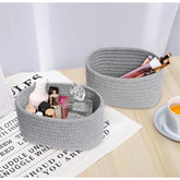 Gray cotton 8x3 inch round storage baskets set for living room, bathroom & kitchen organizer, multi-purpose bedside organizers