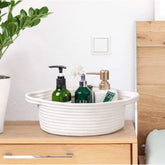 White cotton round bedside organizer, multi-purpose storage basket without lid (8x3 inches)