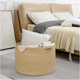 Beige cotton laundry basket (14x12 inches, no lid), ideal for organizing toys or clothes in bathroom, living room, or kitchen
