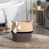 Beige-Black cotton Matka laundry basket (14x12 inches), perfect for organizing clothes and toys in living room, kitchen, or bathroom