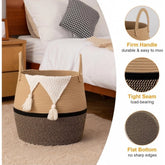 Beige-Black cotton Matka laundry basket with handle (14x12 inches), multi-purpose organizer for bathroom, living room, kitchen, kids toys, or clothes storage