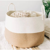 Beige-white cotton laundry basket (12x14 inches), versatile organizer for bathroom, living room & kitchen; great for kids toys or clothes storage