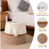Beige-white cotton Matka laundry basket (14x12 inches), no lid - versatile organizer for bathroom, living room, kitchen, or kids toys
