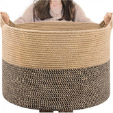 Beige-Beige-Black cotton laundry basket (16x14 inches), multi-purpose for bathroom, living room & kitchen organizer