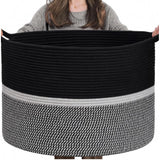 Cotton Dori 16x14 Inch Storage Basket For Clothes With Out Lid (Black-Black-White)