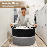 Black-Black-White cotton Dori laundry basket (16x14 inches), multi-purpose organizer for home, bathroom, living room & kitchen, without lid