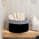 Grey-Black cotton laundry basket, multi-purpose organizer for bathroom, living room, kitchen, or kid's toys. Versatile storage solution for clothes
