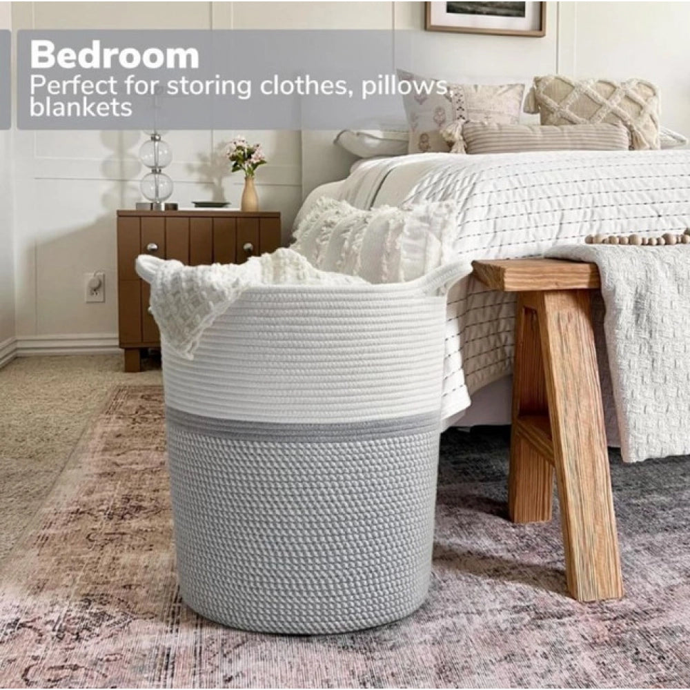 Grey-White cotton laundry basket, multi-purpose storage solution for clothes, bathroom, living room, kitchen organizer, ideal for toys or clutter management