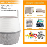 Gray-White cotton Matka laundry basket with handle (14x12 inch), ideal for clothes storage in living room, kitchen, or bathroom organizer. Multipurpose use as a toy basket for kids or decorative storage solution