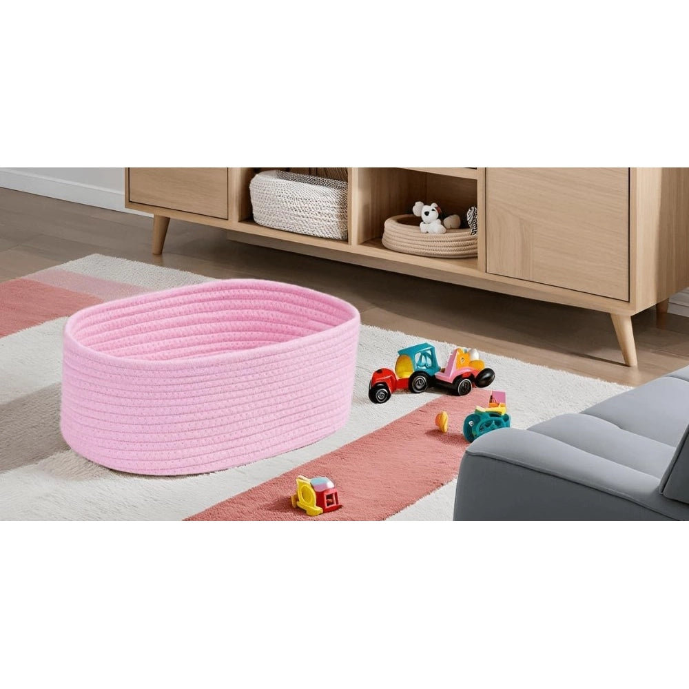 Pink cotton oval bedside organizer (10x7x5 inches), no lid, multi-purpose storage solution for bedroom, living room, kitchen & kids toys