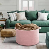 Pink cotton laundry basket (14x12 inches), multi-purpose for living room, bathroom, or kitchen organization, without lid