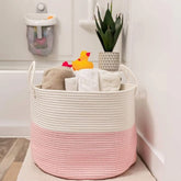 Pink-White cotton laundry basket (14x12 inches), multi-purpose organizer for bathroom, kitchen, living room & kids toys