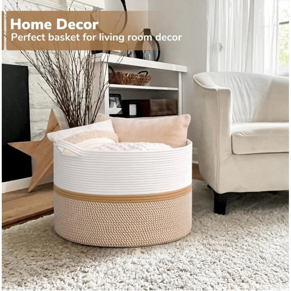 White-Beige-White cotton Dori laundry basket (16x14 inches), multi-purpose for bathroom, living room, kitchen organizer, kids toy storage, or clothes storage