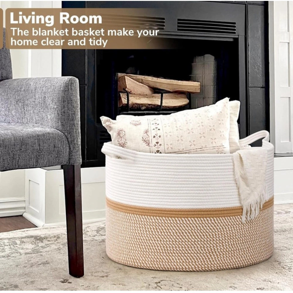 White-Beige-White cotton Dori laundry basket (16x14 inches), no lid, multi-purpose for bathroom, living room & kitchen organiser
