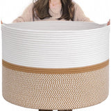 Cotton Dori 16x14 Inch Storage Basket For Clothes With Out Lid (White-Beige-White)