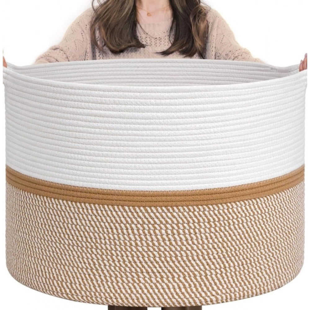 White-Beige-White cotton Dori laundry basket (16x14 inches), multi-purpose storage organizer for bathroom, living room, kitchen, or kids toys