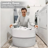 White-Gray-White cotton dori laundry basket (16x14 inches), multi-purpose for bathroom, living room, & kitchen organization