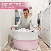White-Pink-White cotton Dori laundry basket (16x14 inches), multi-purpose storage organizer for bathroom, living room, kitchen, or kids toys