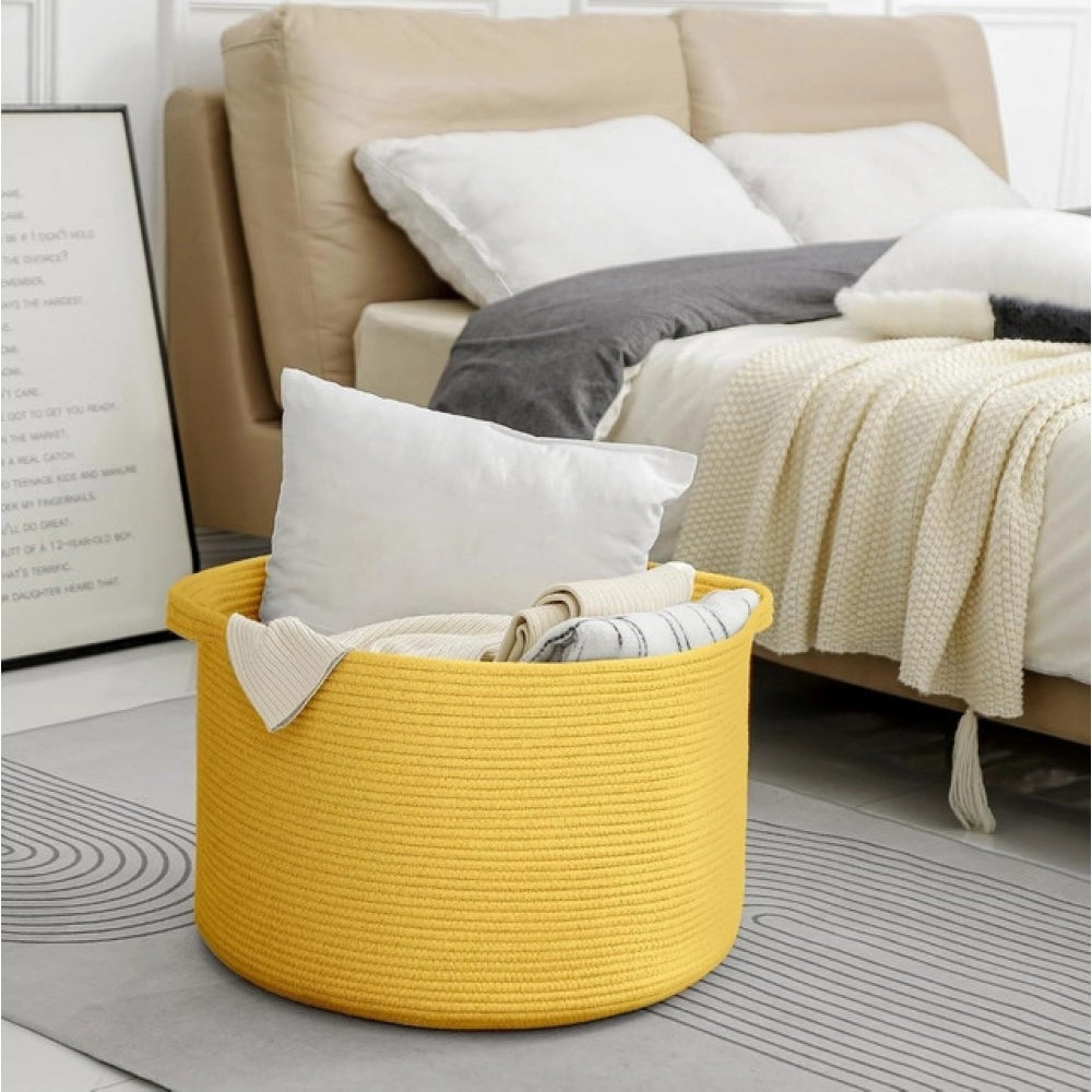 Yellow cotton laundry basket (14x12 inches), multi-purpose for home organization without lid